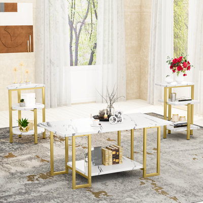 3 Pieces Faux Marble Coffee Table Set, Include 1 Coffee Table And 2 End Tables, Modern End Table With Storage Shelf, Metal Cocktail Table, Sofa Side C by Everly Quinn