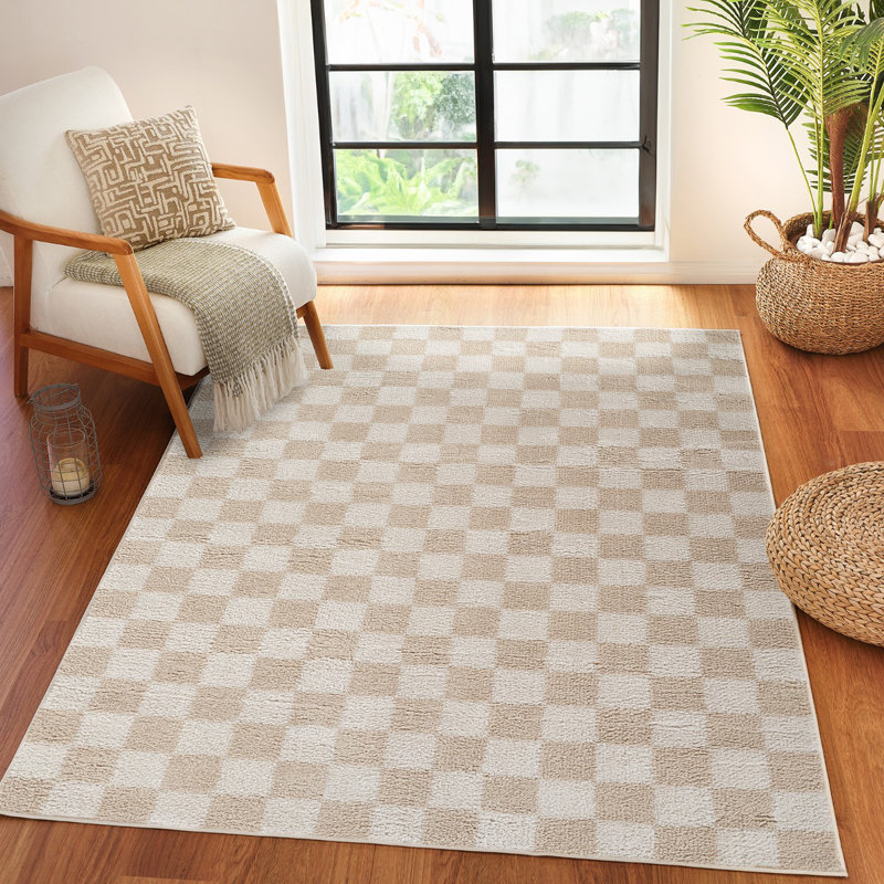 Beige Modern Shaggy Washable Rug, Chequered Anti-Slip Rug For Living Room, Dining Room, Bedroom, Kitchen