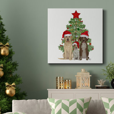Christmas Des - Dog Trio Christmas Tree - Toile tendue avec châssis de qualité supérieure - Prêt à être accroché