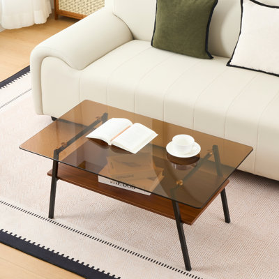 Rectangle Coffee Table, Tempered Glass Tabletop With Black Metal Legs, Modern Table For Living Room , Transparent Glass