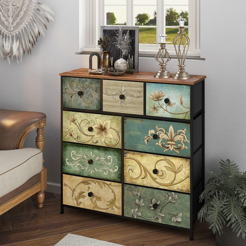 9 Fabric Drawer Bedroom Dresser With Floral Patterns Storage Organiser