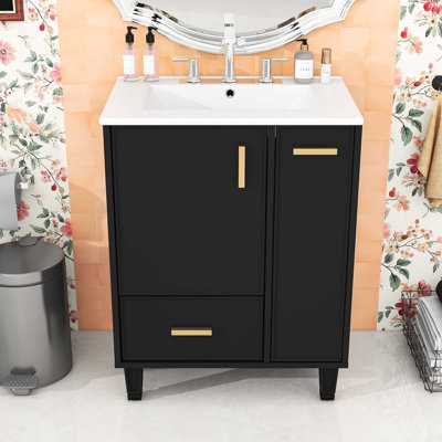 Meuble-lavabo 24 po avec lavabo en céramique, tiroir profond et panier coulissant
