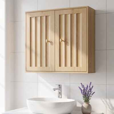 Armoire de salle de bain murale 22,05 po avec portes doubles et conception verticale rainurée, armoire à pharmacie avec boutons de ton doré