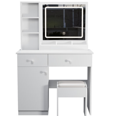 White Vanity Mirror Desk With Lights And Drawers - Spacious, Modern 3 Color Lighting Spacious Drawer,