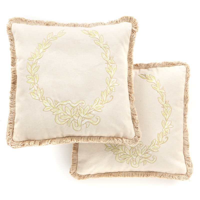 Wheat and Yellow Embroidered Cotton Square Throw Pillows, Set of 2