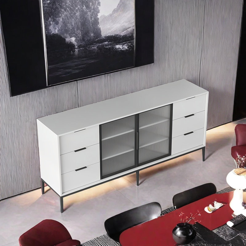 Modern Sideboard Cabinet With 2 Doors, 6 Drawers, White