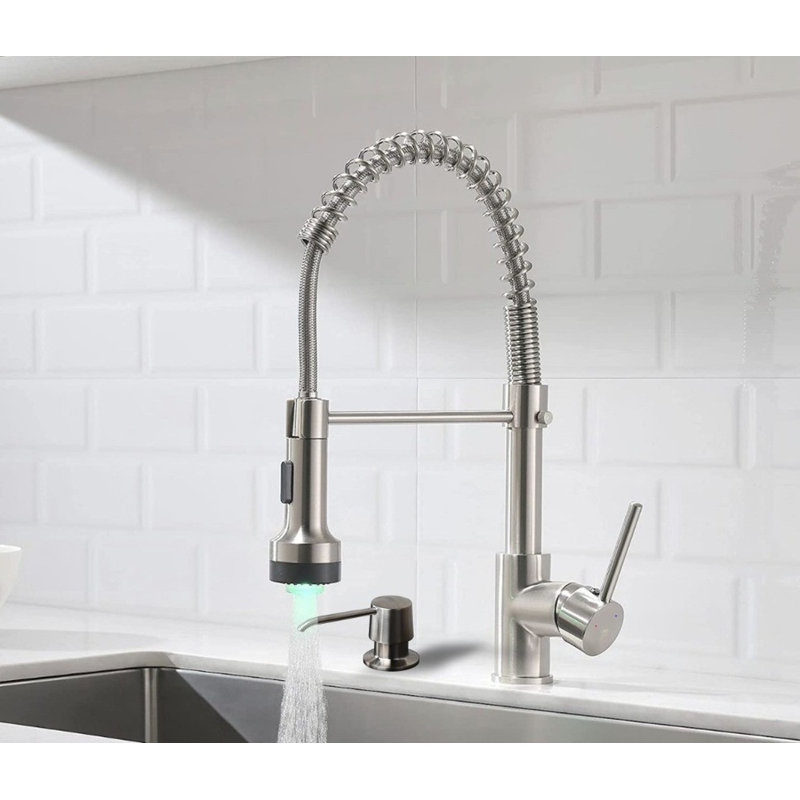 Robinet de cuisine rétractable à poignée simple avec distributeur de savon, Nickel brossé