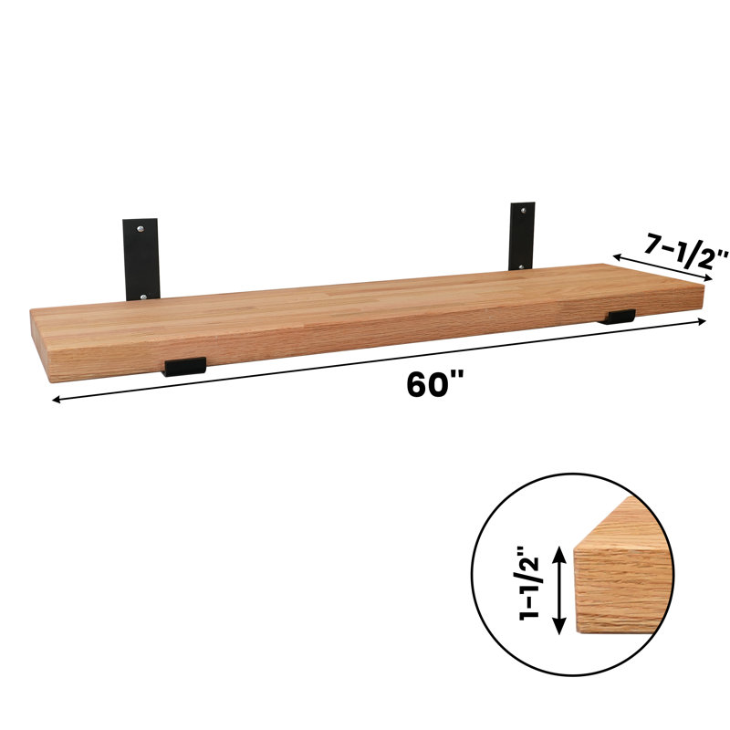 Oak Floating Shelf, 1.5" H x 60" W x 7.5" D, Oak Wood