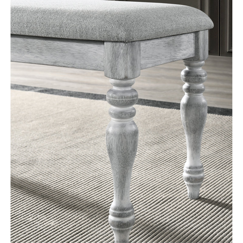 Upholstered Bench With Rustic White Look And Thick Padding Turned Leg Base