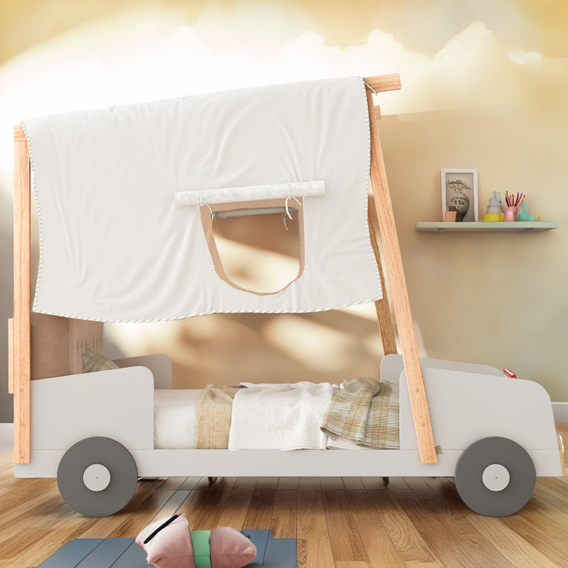 Ceiling Cloth Kids Upholstered Headboard Car Bed With Car Light shape LED, Twin