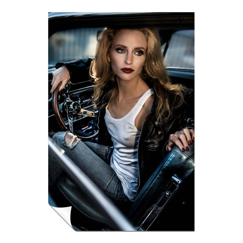 Woman In Leather Jacket On Vintage Mustang - No Frame Print, 31cm H x 20cm W x 0.5cm D