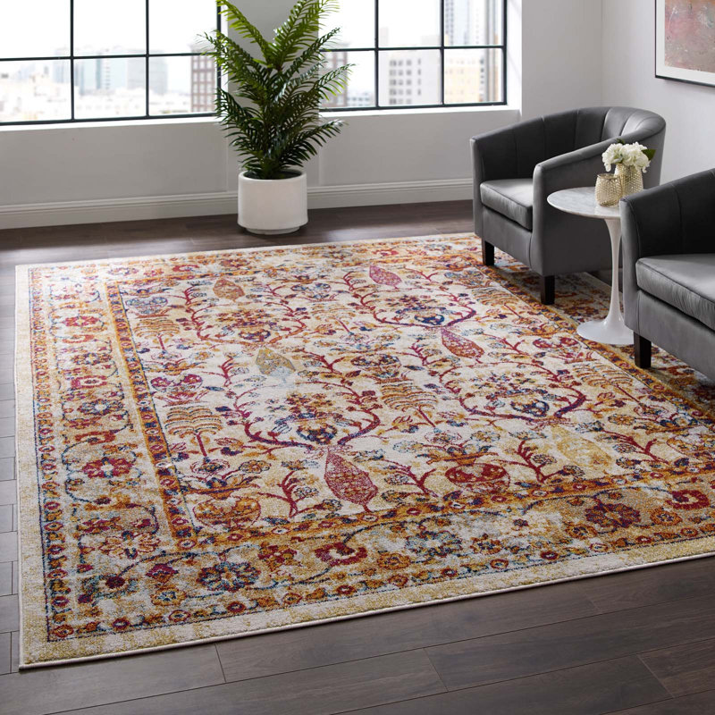 Modway Porch & Den Longwood Distressed Floral Lattice Area Rug, Rectangle 8' x 10'