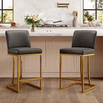 Tabouret de comptoir gris Forsyth de 24 po avec similicuir rembourré et structure en métal doré