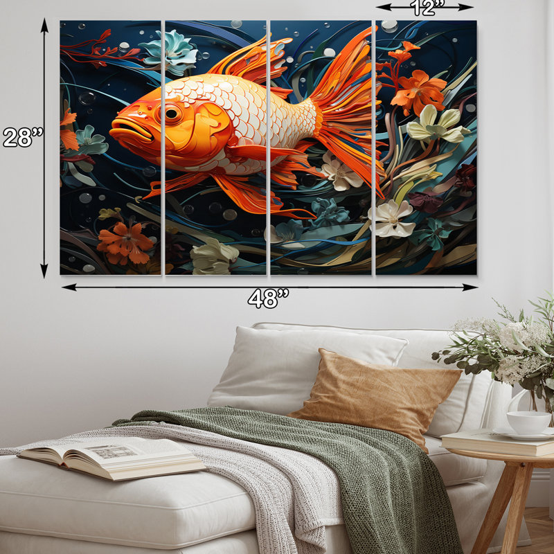 Geometric Orange Fish Canvas Art Set with Wood Frame