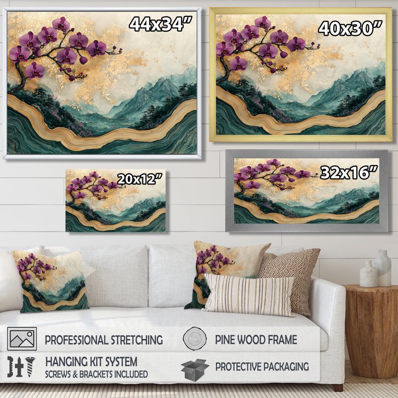 Jacauri, fleurs d'orchidées lavande sur géode émeraude I - art mural orchidée, Impression encadrée flottante, Blanc
