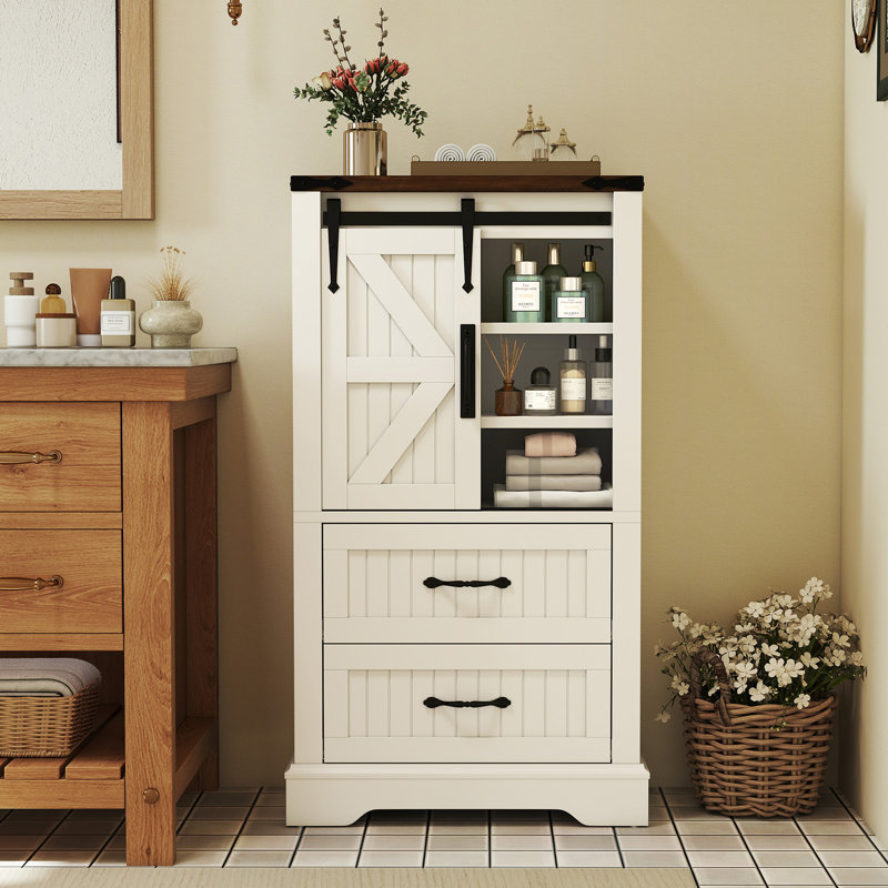 Farmhouse Bathroom Floor Cabinet w/Sliding Door Adjustable Shelves & 2 Drawers