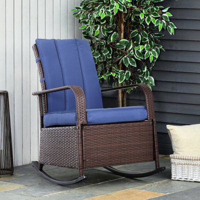 Reclining Outdoor Chair With Adjustable Back And Foot Rest, Soft Cushions For Patio, Garden, Backyard, Blue Patio Recliner Rocking Footrest, Cushioned