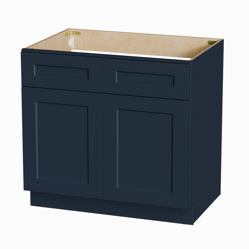 Armoire de base pour évier de cuisine 36 po Shaker RTA, bleu marine peint, bois massif, 24 po x H 34,5 po