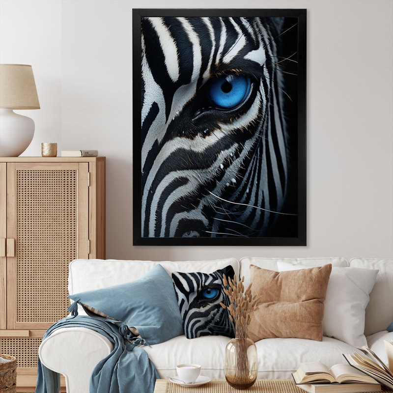 Décoration murale œil de zèbre II - animaux, Cadre d'angle fermé noir, H 32 po x l 24 po x P 1 po