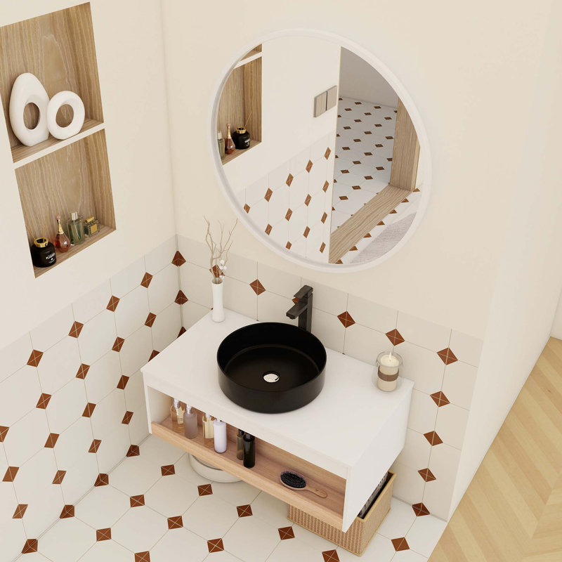 Meuble-lavabo flottant peu encombrant avec lavabo vasque noir mat et rangement ouvert, 35"