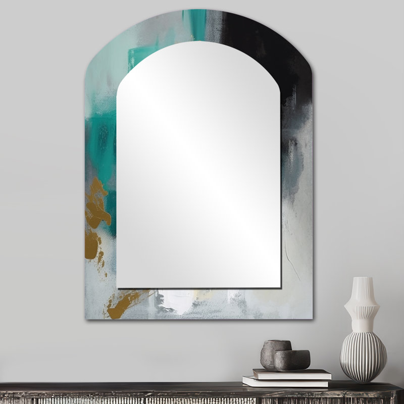 Full Moon Happiness Gold & Turquoise Abstract IV - Abstract Painting Asymmetrical Mirror, Blue Arch Decorative Wall Mirror, Printed Metal Art