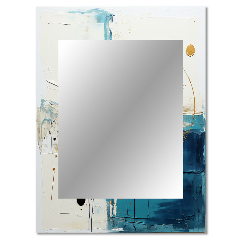 «New Harmony» circulaire abstrait en blanc et bleu - miroir géométrique, miroir mural décoratif moderne, impression d'art en métal