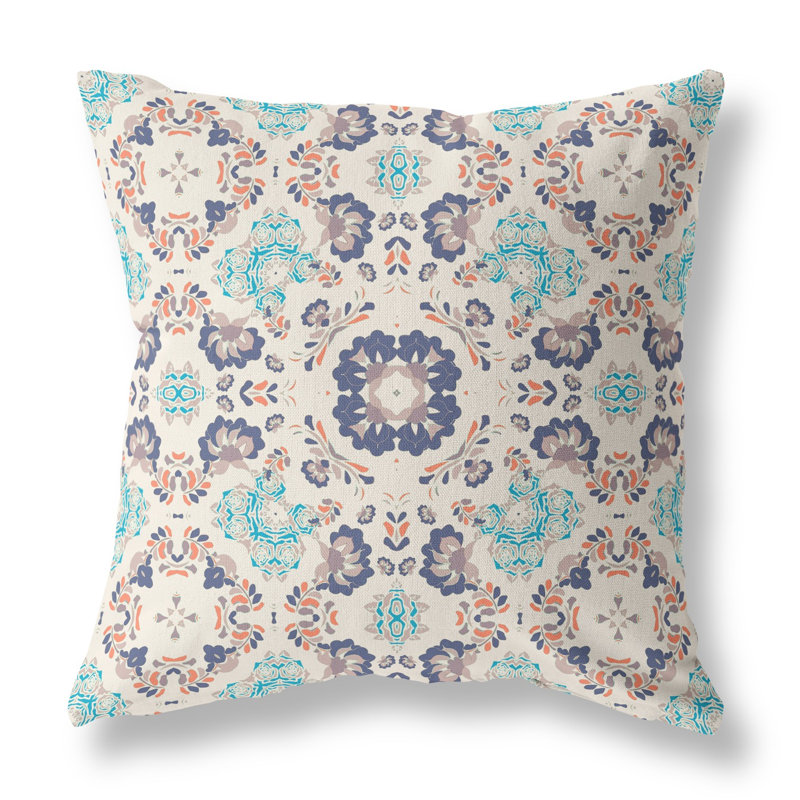 Coussin 20 po x 20 po, Blanc cassé / floral bleu