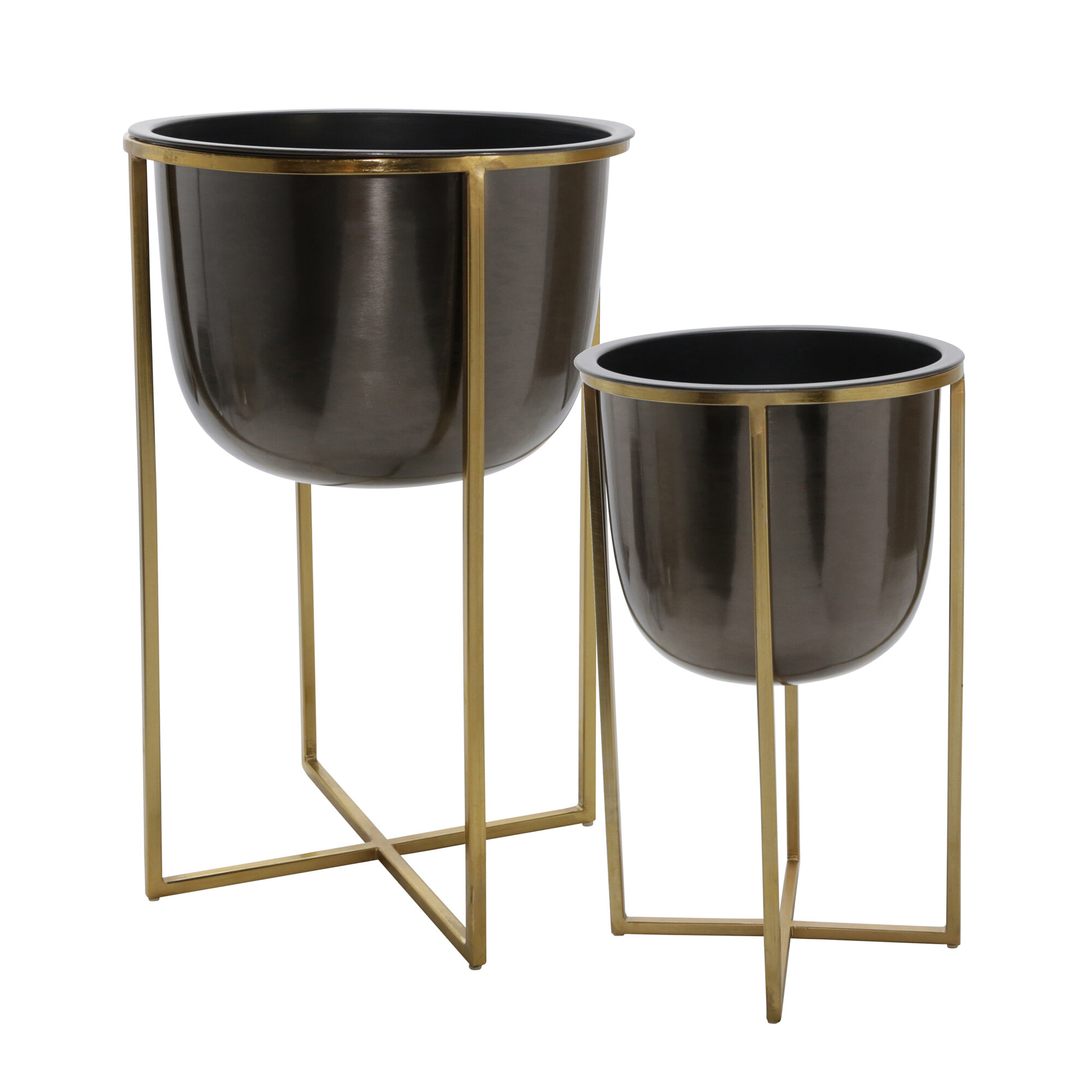 2 Gold Metal Planters with Stand Indoor Flower Pots Holders