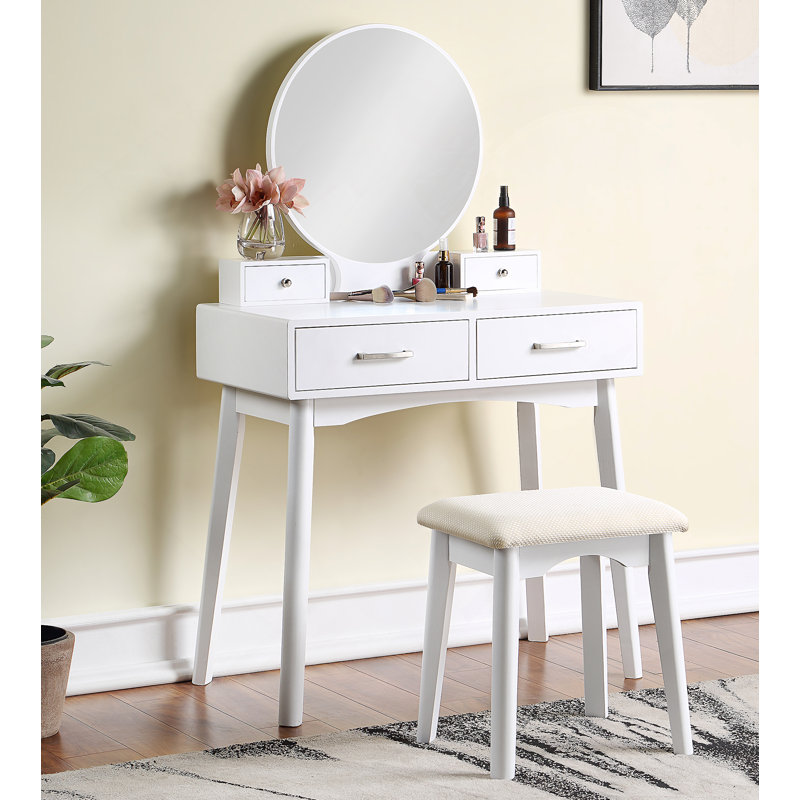 Contemporary Wood Vanity And Stool Set, White