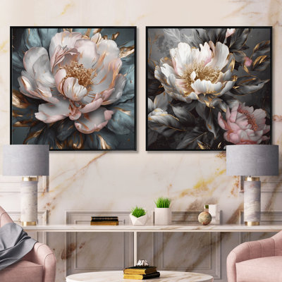 Pivoines roses et grises en fleur - ensemble de 2 pivoines carrées