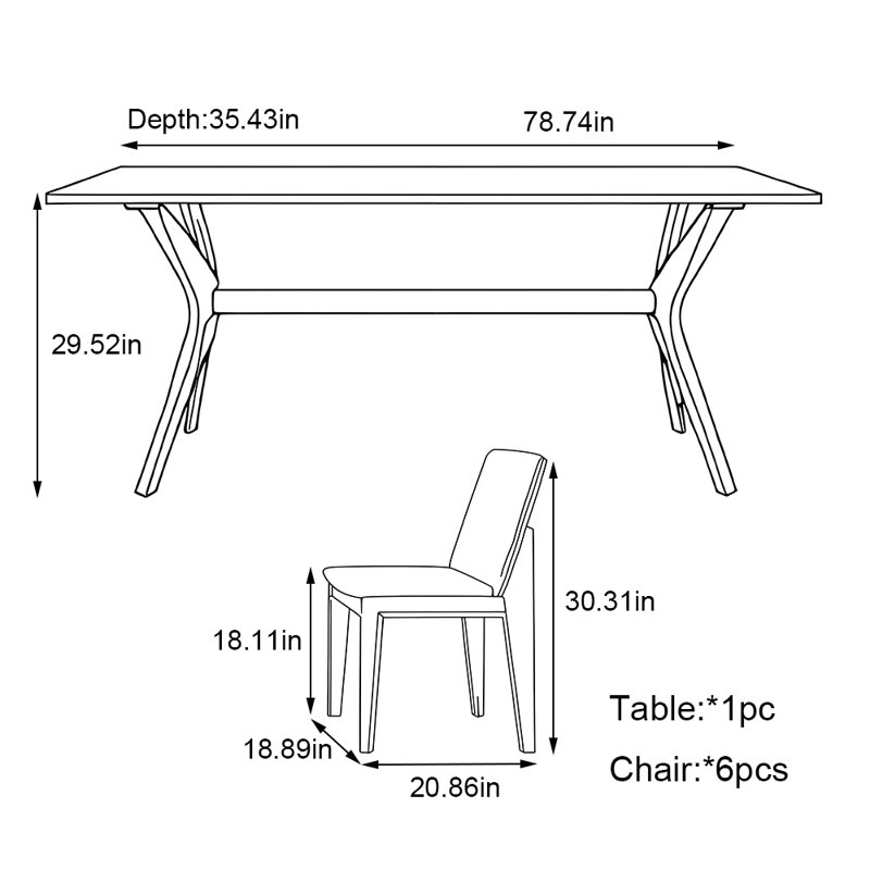 Nordic imported solid wood rock dinging table set, 29.52"H x 78.74"L x 35.43"W