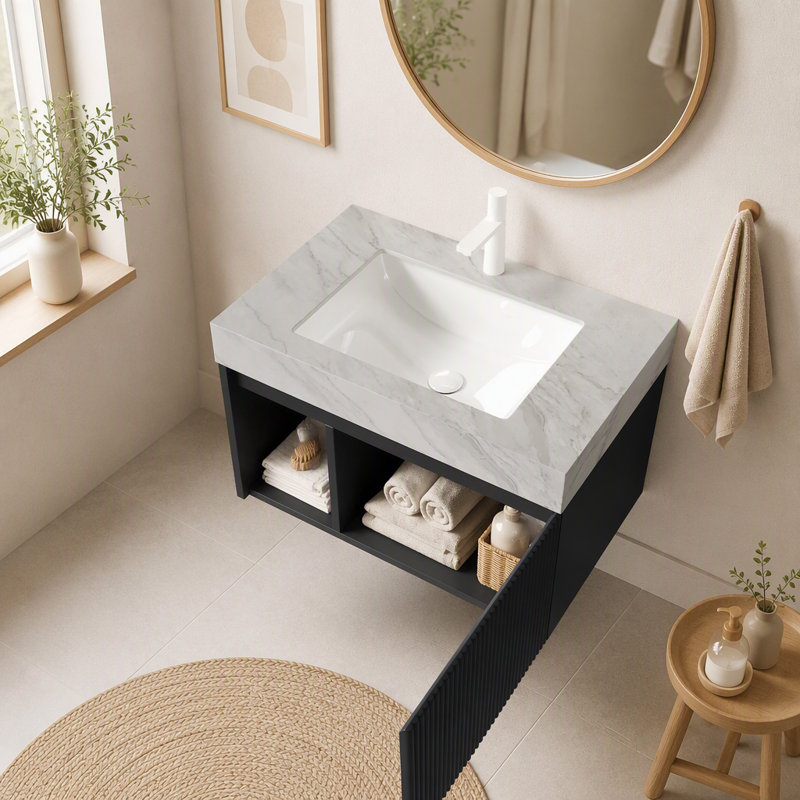 Meuble-lavabo flottant mural de 30 po avec lavabo mural noir, Black, 30", Light Gray
