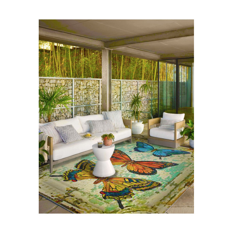 Butterfly Patterned Woven Base Machine Washable Rug, Rectangle 4'7" x 6'7" Rug Pad Included