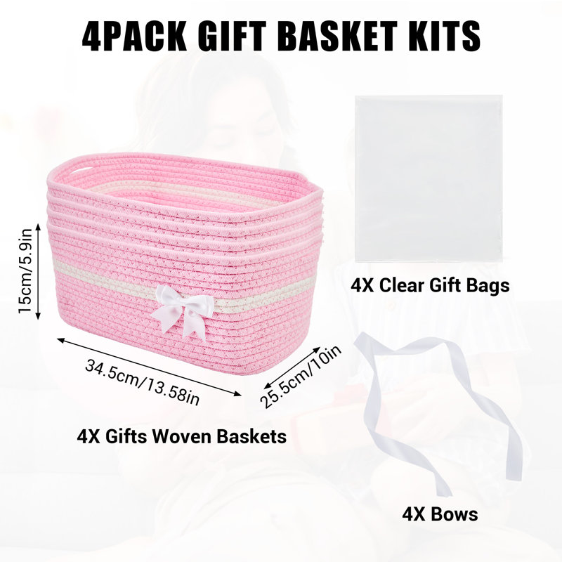 Ensemble de 4 paniers de rangement tissés en corde de coton, ensembles de paniers-cadeaux décoratifs, Pink