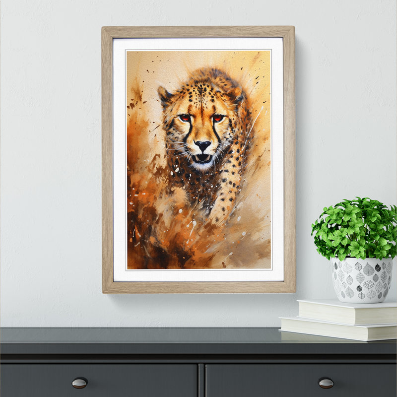 Cheetah Action No.2 - Single Picture Frame Print on Wood, Oak Framed, 46cm H x 34cm W x 2cm D