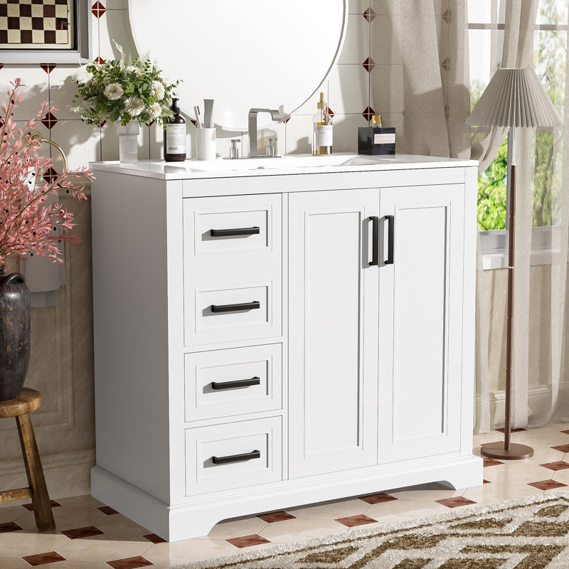 Meuble-lavabo moderne 36 po avec plateau en céramique et tablette réglable