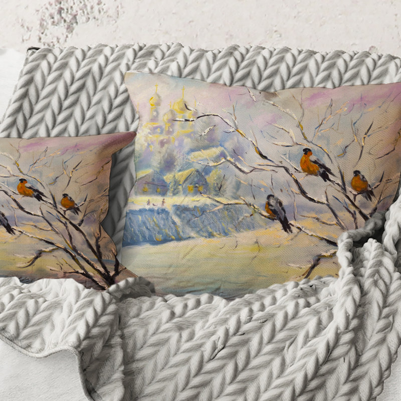 Carré, oiseaux rustiques sur un arbre dans un village d'hiver - Coussin Farmhouse, 18" x 18"