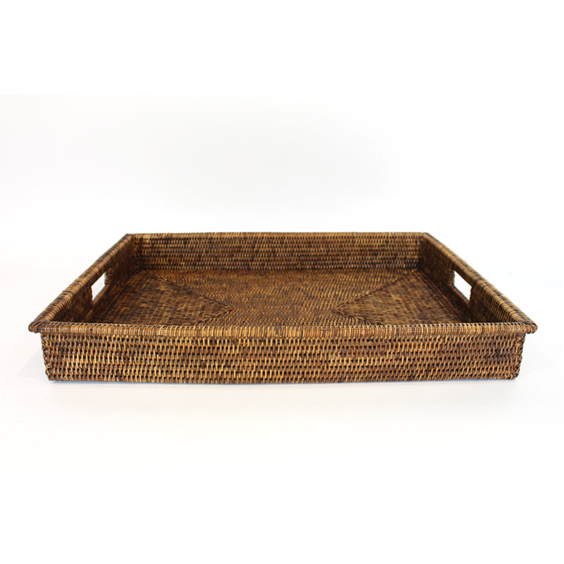Rattan/Wicker Decorative Tray, 3" H x 26" W x 19" D, Antique Brown