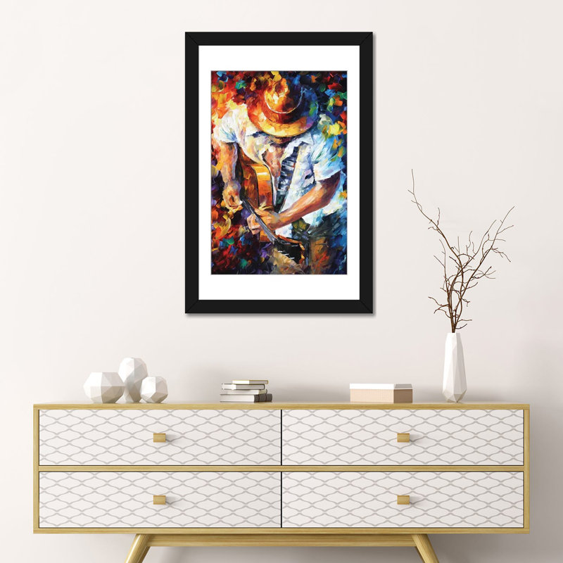 «Guitare et âme» par Leonid Afremov - Estampe numérique sur toile tendue avec châssis, H 24 po x l 16 po, Impression encadrée