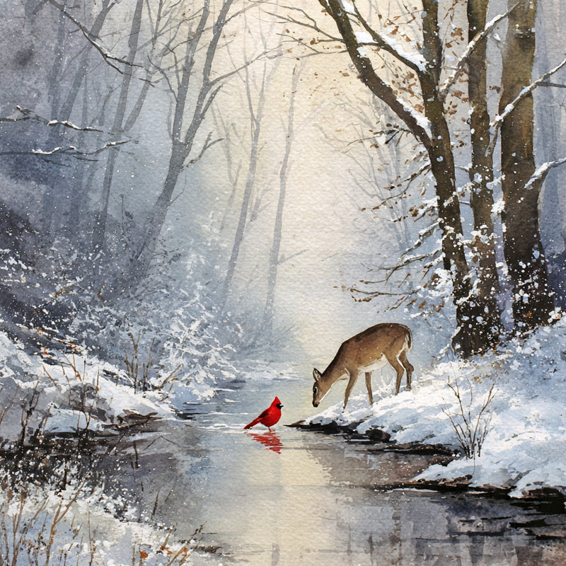 «Cardinal and Deer» par Creek, art mural sur toile tendue, H 40 po x l 40 po