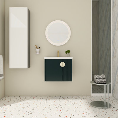 Meuble-lavabo de 24 po avec lavabo en céramique, fixation murale pour les petites salles de bain, porte à fermeture en douceur et lavabo à poignées en métal terne, attrayant à fermeture en douceur