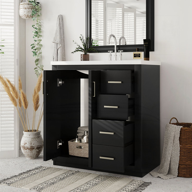 Meuble-lavabo 30 po avec lavabo en céramique, Noir, Argent argent