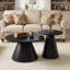 Ensemble de 2 tables basses rondes gigognes, tables d'appoint modernes entièrement noires avec plateau en grain de bois et piédestal en acier au carbone noir mat, patins réglables pour les petits espaces de bureau de salon
