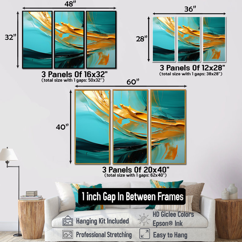 Ensemble de salon Quiet Waves Gold On Turquoise - Abstract Modern Waves, Encadrement argenté, H 40 po x l 60 po x P 1 po