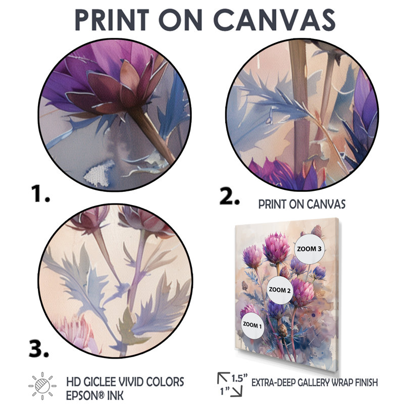 Matinée d'été, chardon mauve, fleurs - chardon, art mural, Toile argentée avec cadre flottant, H 20 po x l 12 po x P 1 po