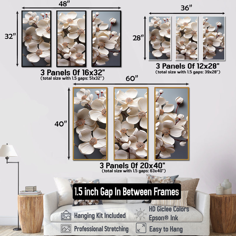 Dogwood Blossoms Bouquet II - ensemble d'art mural, Cadre flottant noir, H 32 po x l 48 po x P 1 po