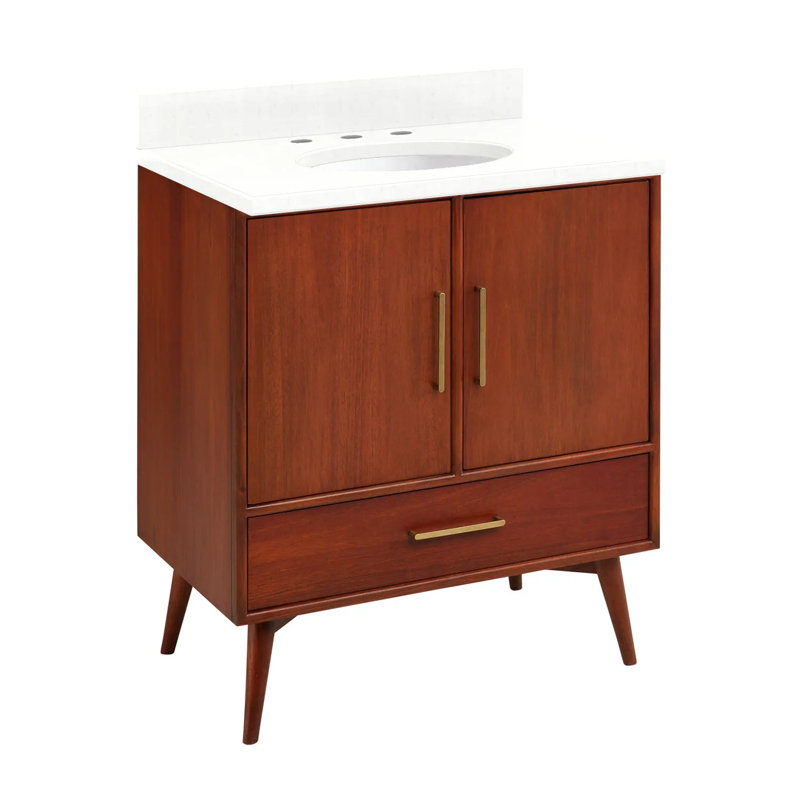Ensemble de meuble-lavabo simple 30 po avec lavabo encastré ovale Novak, Teck naturel, 8 po, Quartz blanc plume