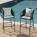 Outdoor PE Rattan Barstools With Waterproof Cushions, Set Of 2