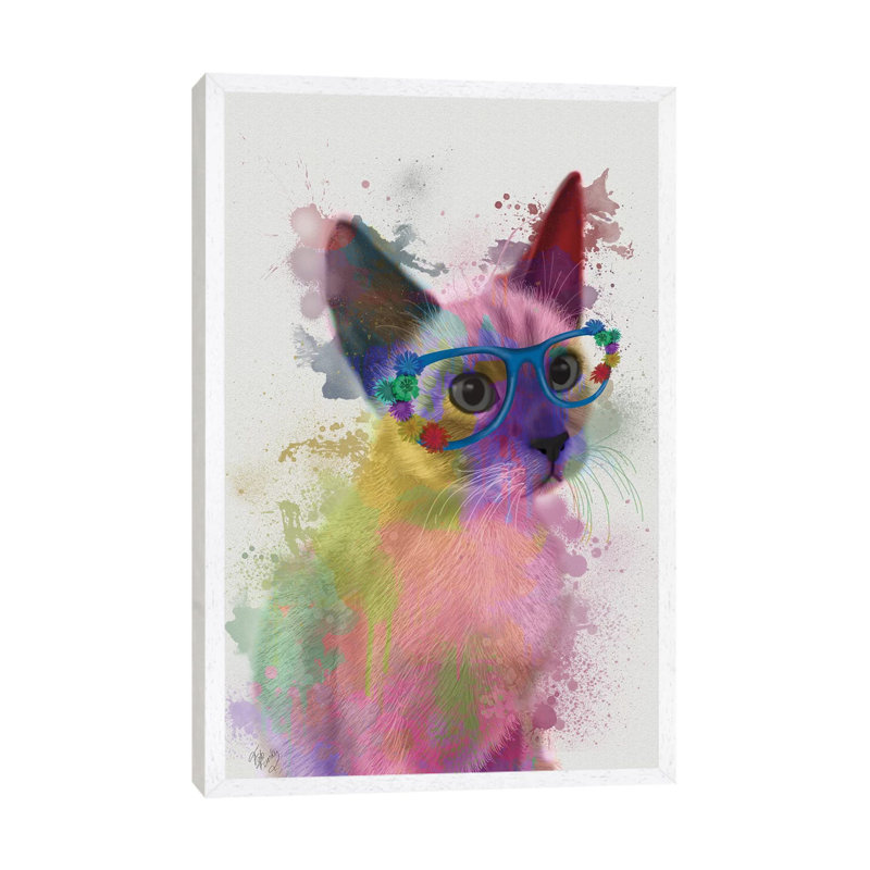 Rainbow Splash Cat II by Splash Cat II - Print on Canvas, 101.6 cm H x 66.04 cm W, White Floater Framed