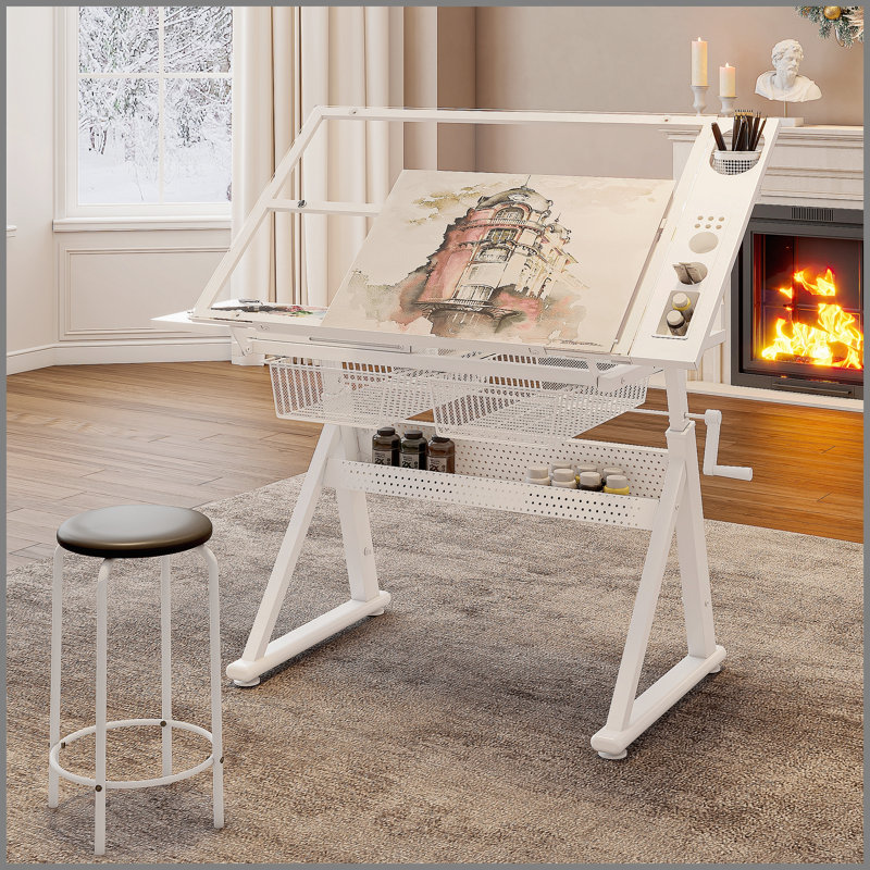 Adjustable Tempered Glass Drafting Table with Chair and Storage, Ideal for Drawing, Printing, and Multi-Use Spaces